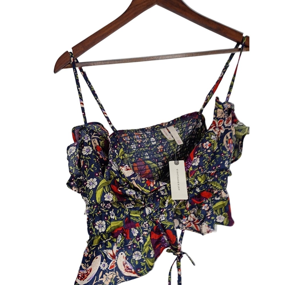 NWT Anthropologie LyreBird Blue Whimsical Floral Bird Smocked Crop Cami S $68